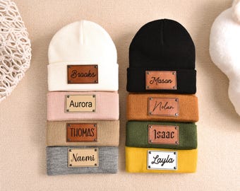 Personalized Knit Baby Beanie: Custom Name Leather Patch Winter Hat