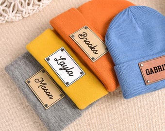 Personalized Knit Baby Beanie: Custom Name Leather Patch Winter Hat
