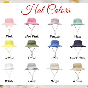May include: A variety of bucket hats in various colors are displayed, including pink, hot pink, purple, mint, yellow, olive, blue, dark blue, white, grey, beige, and khaki. The text "Hat Colors" is at the top.