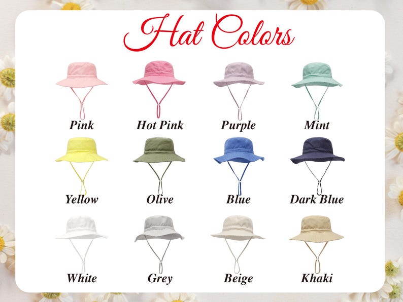 May include: A variety of bucket hats in various colors are displayed, including pink, hot pink, purple, mint, yellow, olive, blue, dark blue, white, grey, beige, and khaki. The text "Hat Colors" is at the top.