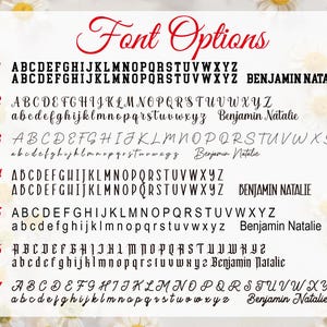 May include: A graphic displaying font options, labeled F1 through F7, with uppercase and lowercase alphabets. Each font style is shown with the name "Benjamin Natalie". The text "Font Options" is in a red, cursive font.