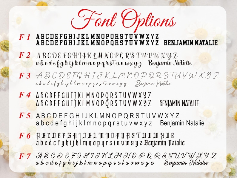 May include: A graphic displaying font options, labeled F1 through F7, with uppercase and lowercase alphabets. Each font style is shown with the name "Benjamin Natalie". The text "Font Options" is in a red, cursive font.