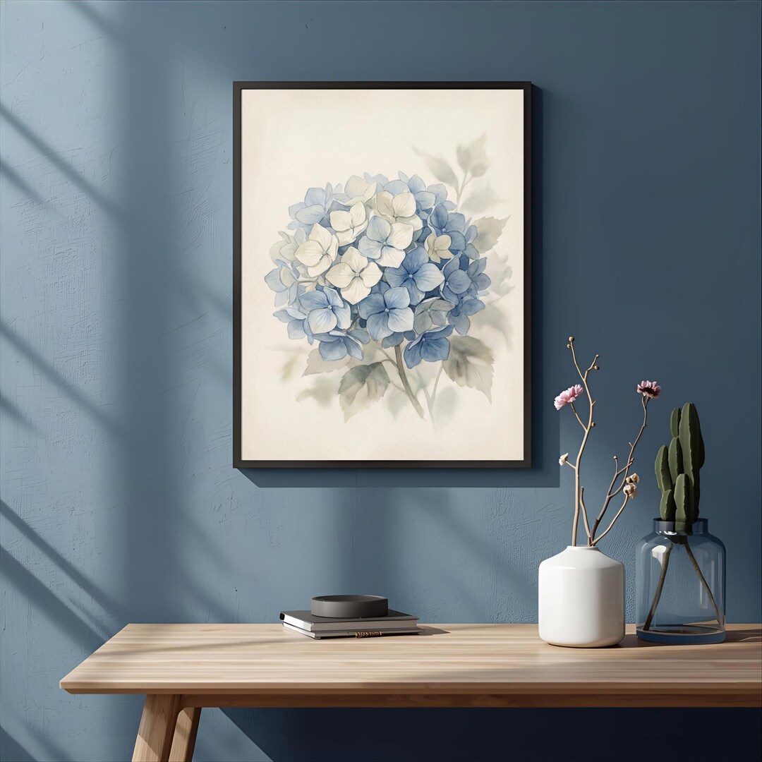 Blue Hydrangea Watercolor Print | Coastal Botanical Floral Wall Art ...