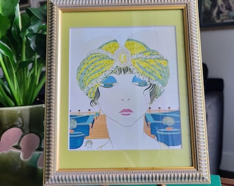 Lámina de ilustración de moda de los años 20 / Retrato de dama art déco con marco dorado ornamentado