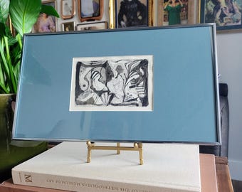 Framed Abstract Ink Sketch | Minimalist Fineline Drawing | Silver Chrome Frame | Monochrome Cubist Figure