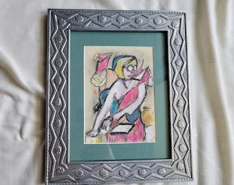 Framed Cubist Female Portrait Pastel Art | Mid Century Modern Abstract Eclectic Decor