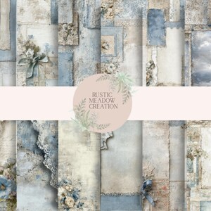 May include: A collection of digital papers with a vintage aesthetic. The papers feature a mix of textures, including torn edges, lace, and floral accents. The color palette includes shades of blue, beige, and cream, with the text "RUSTIC MEADOW CREATION" in a circle.