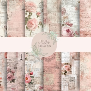 Peut inclure: Une collection de papiers numériques à l'esthétique vintage. Les papiers présentent une palette de couleurs rose pâle et crème, avec des éléments floraux et manuscrits. Des roses et la Tour Eiffel sont visibles.