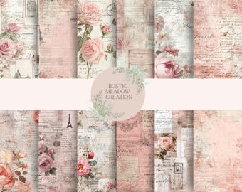May include: A collection of digital papers with a vintage aesthetic. The papers feature a soft pink and cream color palette, with floral and script elements. Roses and the Eiffel Tower are visible.