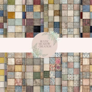 May include: A patchwork design featuring a variety of fabric squares in muted tones of blue, beige, yellow, and red. The squares have different patterns and textures. The image includes the text "RUSTIC MEADOW CREATION" in a circular design.