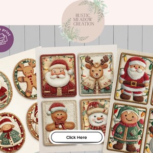 May include: A collection of Christmas-themed digital art prints featuring Santa Claus, reindeer, gingerbread men, snowmen, and elves. The prints are in a rectangular and oval shape, with a rustic, stitched appearance. The color palette includes red, green, and brown.