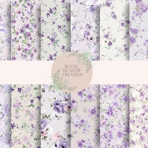 Könnte beinhalten: Eine Sammlung von Papieren mit floralen Mustern in Lila-, Lavendel- und Weißtönen. Die Designs zeigen verschiedene Anordnungen zarter Blumen und Blätter. Die Papiere sind in einem Raster angeordnet, mit dem Text "RUSTIC MEADOW CREATION" in einem Kreis.