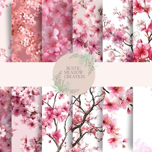 May include: A collection of digital papers featuring watercolor cherry blossom designs in shades of pink and white. The papers showcase various patterns, including close-ups of flowers and branches. The text "RUSTIC MEADOW CREATION" is in a circular design.