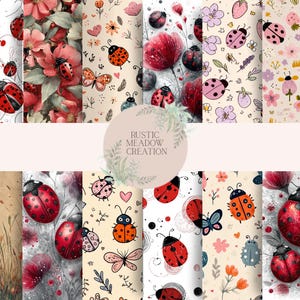 May include: A collection of digital papers featuring ladybugs, flowers, and butterflies in various patterns. The designs include red, orange, and black ladybugs on white, beige, and floral backgrounds. The text "Rustic Meadow Creation" is in a circular logo.