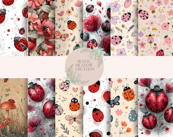 May include: A collection of digital papers featuring ladybugs, flowers, and butterflies in various patterns. The designs include red, orange, and black ladybugs on white, beige, and floral backgrounds. The text "Rustic Meadow Creation" is in a circular logo.