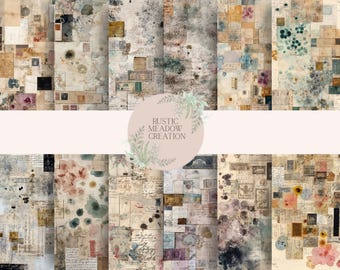 May include: A collection of digital papers with a vintage aesthetic. The papers feature a collage of aged documents, stamps, and handwritten notes in muted tones of beige, brown, and blue. The papers have a distressed, textured appearance, evoking a sense of nostalgia and history. The papers are labeled "Rustic Meadow Creation".