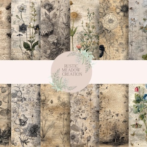 Può includere: Una collezione di carte digitali in stile vintage con illustrazioni botaniche di fiori, insetti e scritte a mano. Le carte hanno una tavolozza di colori seppia, creando un'estetica antica. Il testo "RUSTIC MEADOW CREATION" è visibile.