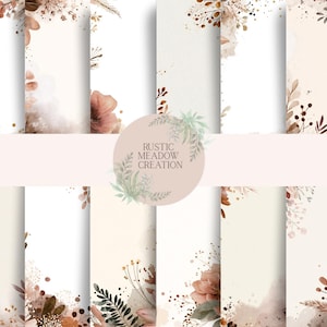 May include: Watercolor digital paper set featuring floral and botanical designs in shades of brown, beige, and peach. The designs include flowers, leaves, and watercolor washes. The text "RUSTIC MEADOW CREATION" is in a circle.