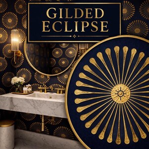 May include: A luxurious bathroom interior featuring a navy blue and gold color scheme. The walls are adorned with a repeating gold sunburst pattern. A large, circular decorative element with a gold sunburst design is in the foreground. The text "GILDED ECLIPSE" is displayed in gold.