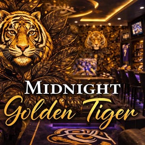 Papel de Parede Tigre Dourado Meia-Noite | Tigre de Luxo e Ouro Antigo | Padrão Sem Costura | Design Sofisticado