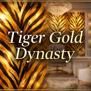 May include: The image showcases a luxurious interior design concept. The focal point is a tiger stripe pattern in shades of gold and brown, used on a wall and a decorative element. The text "Tiger Gold Dynasty" is prominently displayed.