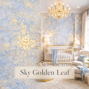 May include: A nursery with a light blue floral wallpaper featuring gold accents. The room includes a crib, armchair, and a chandelier. The text "Sky Golden Leaf" is displayed on a banner at the bottom of the image.