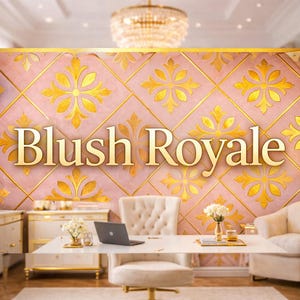 May include: A luxurious office space with a pink and gold patterned wall featuring the text "Blush Royale". The room includes a white desk, a laptop, and a comfortable chair. A chandelier hangs from the ceiling.