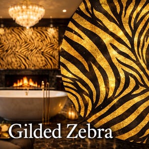 May include: A bathroom with a striking gold and black zebra print design. A large, round decorative element with a bold zebra pattern is the focal point. The text "Gilded Zebra" is at the bottom. A chandelier and fireplace are in the background.