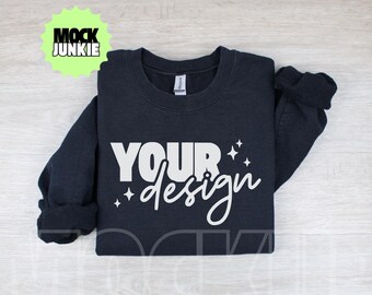 Black Gildan 18000 Sweatshirt Mockup | Folded Black Crewneck Mockup for POD Sellers | 4:3 JPEG Lifestyle Flat Lay