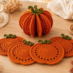 Virkmönster för pumpaunderlägg i PDF-format, 8 underlägg + 3D-pumpahållare, höstbordsdekoration, höstens Thanksgiving-virkning