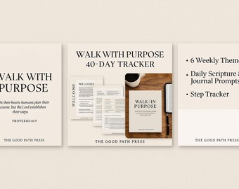 Seguimiento de 40 días de Walk In Purpose / Planificador de ejercicios cristiano / Diario bíblico y registro de pasos / Salud basada en la fe imprimible