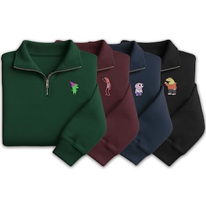 笑顔の友達の刺繍入りクォータージッププルオーバー、ミーム漫画