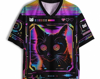 Cyberpunk Cat Mesh Jersey, Neon Glitch Black Cat Baseball Shirt, Vaporwave Gaming Jersey, Futuristic Anime Streetwear Mesh Tee