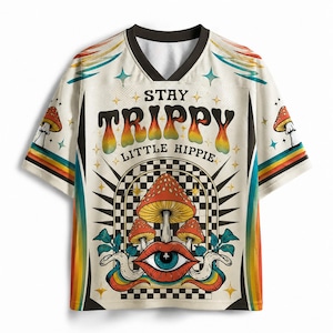 Stay Trippy Little Hippie Mesh Jersey, Psychedelic Mushroom Baseball Shirt, Retro Boho Rainbow Aesthetic Tee, Custom Name Hippie Jersey