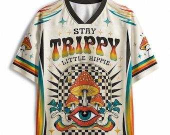Stay Trippy Little Hippie Mesh Jersey, Psychedelic Mushroom Baseball Shirt, Retro Boho Rainbow Aesthetic Tee, Custom Name Hippie Jersey
