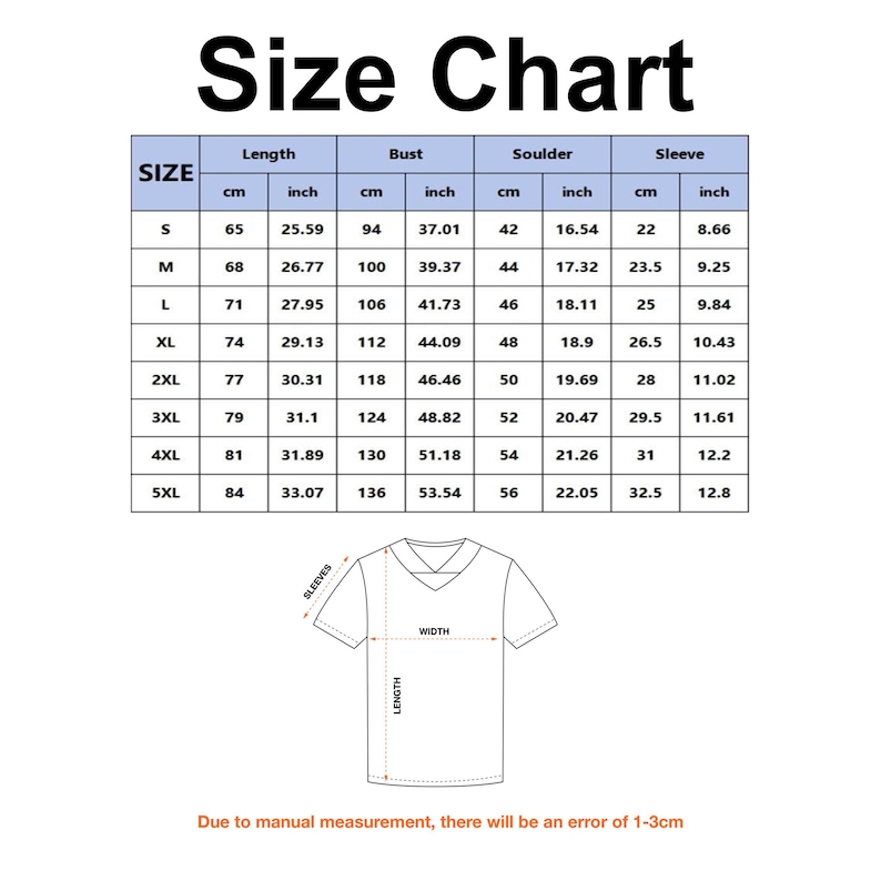 Op de afbeelding: Een maattabel met zwarte tekst op een witte achtergrond, met kolommen voor lengte, borstomvang, schouderbreedte en mouwlengte in cm en inches voor de maten S tot 5XL. Hieronder staat een lijntekening van een t-shirt met lengte- en breedte-aanduidingen.