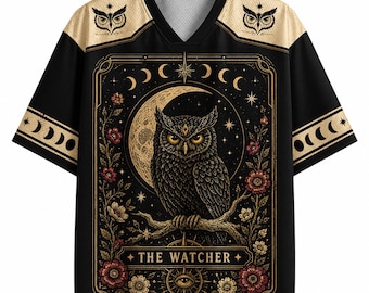 Owl Mesh Jersey Shirt, Personalized Name Number Jersey, Gothic Owl Moon Shirt, Dark Academia Gift, Mystic Fantasy Jersey