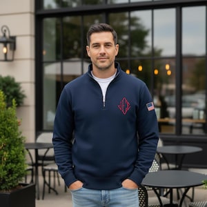 Embroidered J.E.E. Epstein Quarter Zip Sweater, America Flag Relaxed