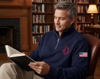 Geborduurd J.E.E. Epstein-sweater met kwartrits, Amerikaanse vlag, relaxte pasvorm, trui met 4 ritsen, Amerikaanse vlag, premium kwartrits