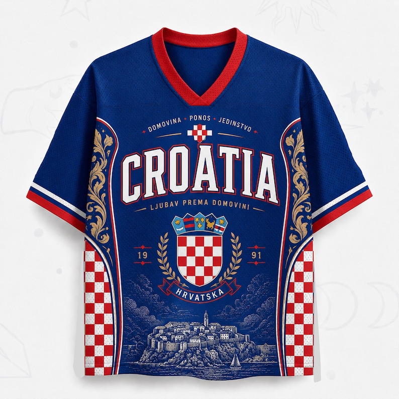 May include: A blue V-neck jersey featuring the word CROATIA in white letters, a red and white checkered shield emblem, the text DOMOVINA PONOS JEDINSTVO, LJUBAV PREMA DOMOVINI, and HRVATSKA, with a detailed illustration of a coastal town at the bottom.