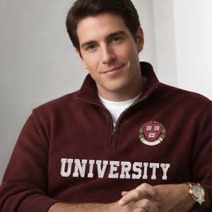 Puede incluir: Una sudadera burdeos con cremallera con la palabra "UNIVERSITY" en letras blancas. La sudadera presenta un escudo universitario en el pecho y una camiseta interior blanca. Se ve un reloj de oro en la muñeca.