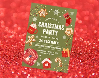 Invito alla festa di Natale, download digitale, modello stampabile, Canva modificabile,