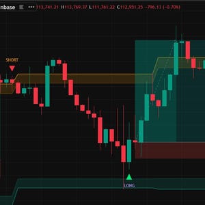 Puede incluir: Un gráfico de precios de Bitcoin con patrones de velas rojas y verdes sobre un fondo oscuro. El gráfico muestra etiquetas como "SELL", "BUY", "SHORT" y "LONG", datos numéricos y un indicador de Coinbase.