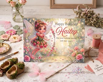 Plantilla editable de invitación de cumpleaños de hadas, fiesta mágica de jardín floral para niñas, plantilla de Canva de hadas con rosas rosas, descarga instantánea, 18 x 13 cm