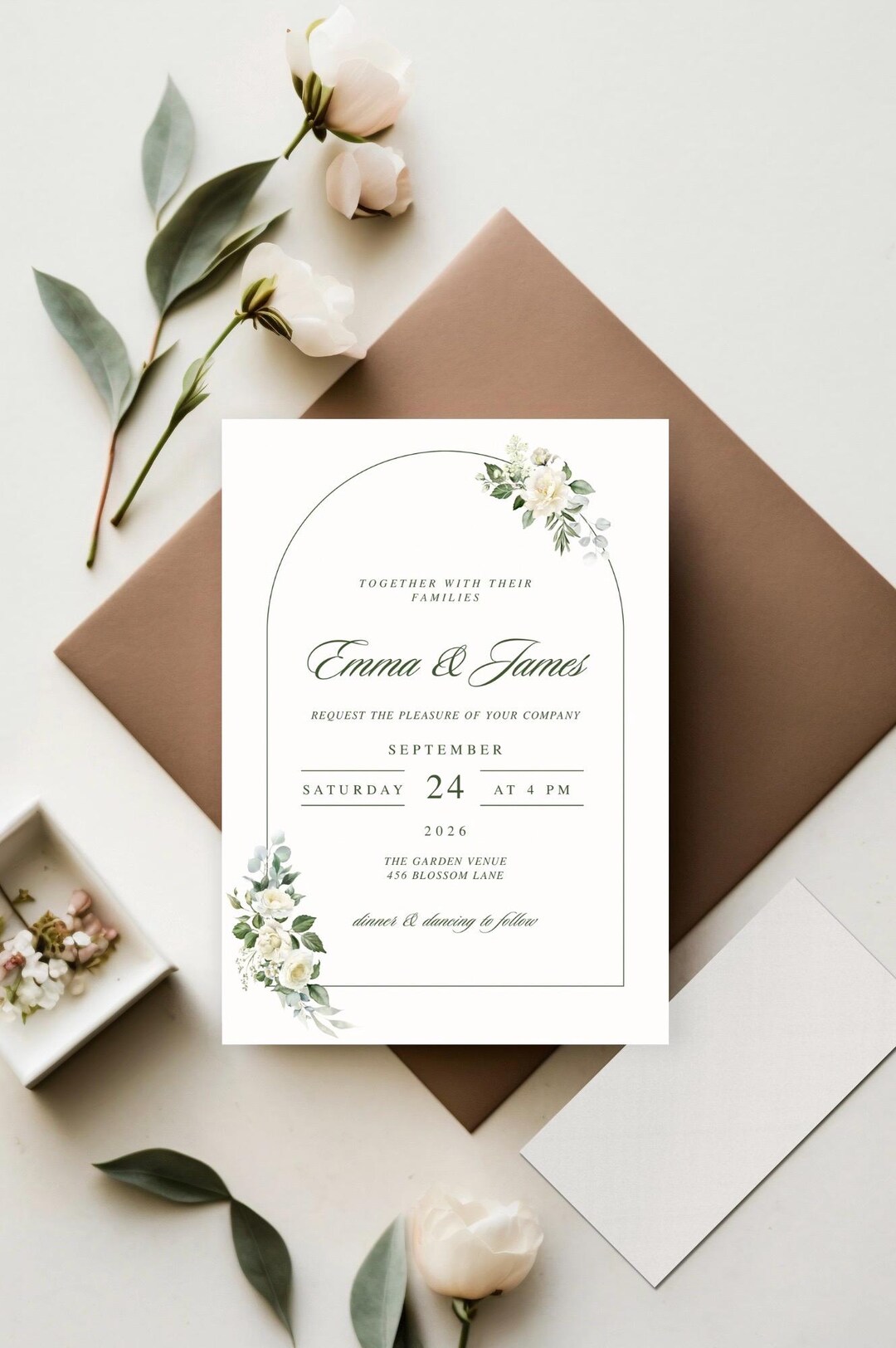 Sage Green Floral Wedding Invitation Template | Minimalist Arch Design ...