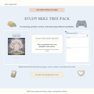 May include: Digital download graphic with the text "STUDY SKILL TREE PACK" and "ADHD-FRIENDLY PRINTABLE RPG PLANNER". Includes a planner, game controller, and a retro handheld game console. The text "START YOUR QUEST LOG" is also visible.