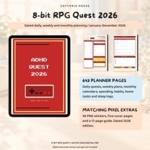 Agenda digitale 2026 per ADHD in formato PDF, registro delle missioni RPG a 8 bit, organizer giornaliero, settimanale e mensile con collegamenti ipertestuali, 643 pagine e 56 adesivi pixel.