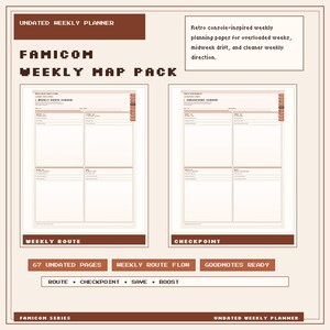 Pode incluir: Um planejador semanal sem data bege Famicon Weekly Map Pack com um design inspirado em consoles retrô. O planejador inclui páginas de rota e ponto de controle semanais, com o texto "Weekly Route Flow" e "Goodnotes Ready".