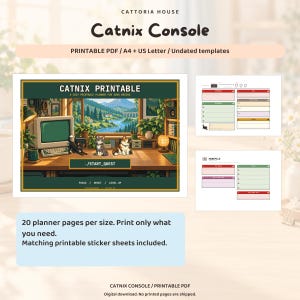 Peut inclure: Un ensemble de planificateur imprimable Catnix Console avec des modèles PDF A4 et US Letter. L'image principale montre un bureau avec un ordinateur, trois chats et le texte ./START_QUEST. Inclut 20 pages de planification et des autocollants.
