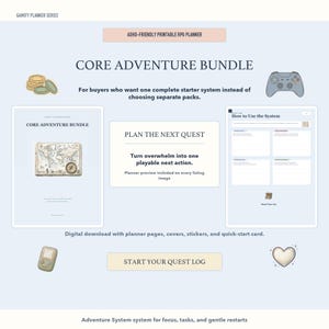 Könnte beinhalten: Digitaler Download mit dem Text "CORE ADVENTURE BUNDLE" und "ADHD-FRIENDLY PRINTABLE RPG PLANNER". Das Bild enthält einen Gamecontroller, einen Planer und eine Retro-Handheld-Konsole. Der Text "START YOUR QUEST LOG" ist ebenfalls sichtbar.